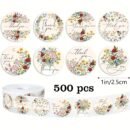 500 Stickers/Roll Small Floral Thank You Sticker Roll Round Sealed Sticker Gift Envelope Greeting Card Party DIY Decoration Supplies 8 Designs Colorful Flowers Self-adhesive Spring Flower Label Sticker PVC Non-dry Adhesive Wall Decal