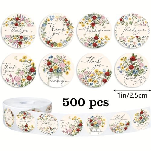 500 Stickers/Roll Small Floral Thank You Sticker Roll Round Sealed Sticker Gift Envelope Greeting Card Party DIY Decoration Supplies 8 Designs Colorful Flowers Self-adhesive Spring Flower Label Sticker PVC Non-dry Adhesive Wall Decal