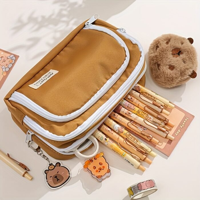 Charming Capybara-Themed Stationery Set - Elegant Light Brown Canvas Organizer with Zippered Pouch & Compartments, Ideal for Graduation & Birthday Gifts, Includes Markers, Pens, and Highlighters, Gift Bag Included, Capybara Accessories - Image 6