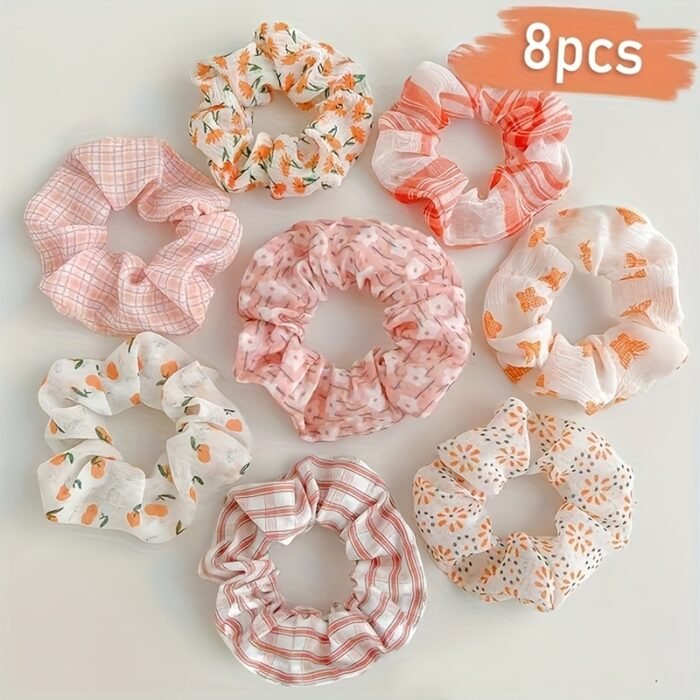 8pcs Elegant Pink & White Check & Floral Hair Ties - Soft Fabric, Non-Slip, Perfect for Buns & Pigtails, Ideal Gift Set for Women, Everyday Hair Accessories | Check Pattern Ties | Elastic Headbands, Hair Accessories Set - Image 9