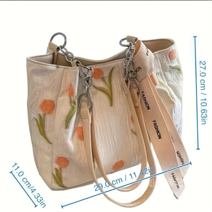Women's Elegant Casual White Tulip Floral Print Tote Bag - Large Capacity Fabric Shoulder Bag with Adjustable Long Woven Strap & Zipper Closure, Includes Wrist Strap for Work, Travel, Daily Use, Polyester Lining - Image 4