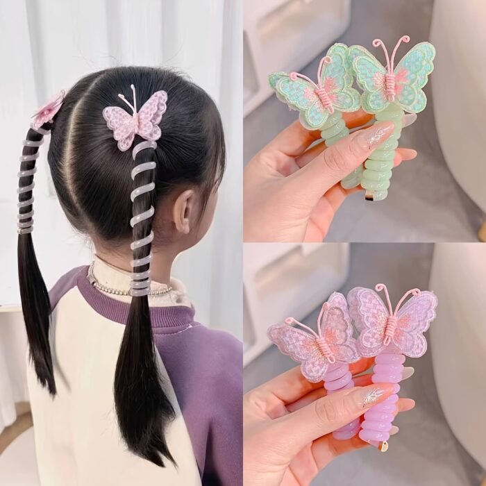 GUIJUI 2pcs Cute Butterfly Phone Cord Hair Ties for Kids, High Elasticity Resin Hair Bands, All-Season Daily & Casual Wear, Christmas & Valentine'S Day Gift, Knit Fabric Weaving Method - Image 2