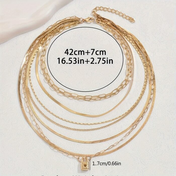 1pc Layered Chain Necklace for Women - Golden-Tone Bohemian Punk Rock Style with Interlocking Links & Rectangular Pendants, Elegant Versatile Jewelry for Daily Wear, Parties, All-Season Fashion Accessory, Party Accessories, Chic Appearance, Delicate Craftsmanship - Image 5