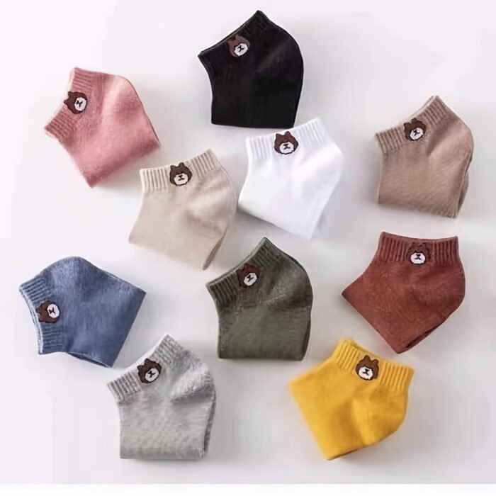 5 Pairs Couple'S Cartoon Bear Pattern Short Socks, 100% Polyester Knit Fabric, Breathable Comfortable Casual Ankle Socks, Hand Wash - 120g/m² - Image 6