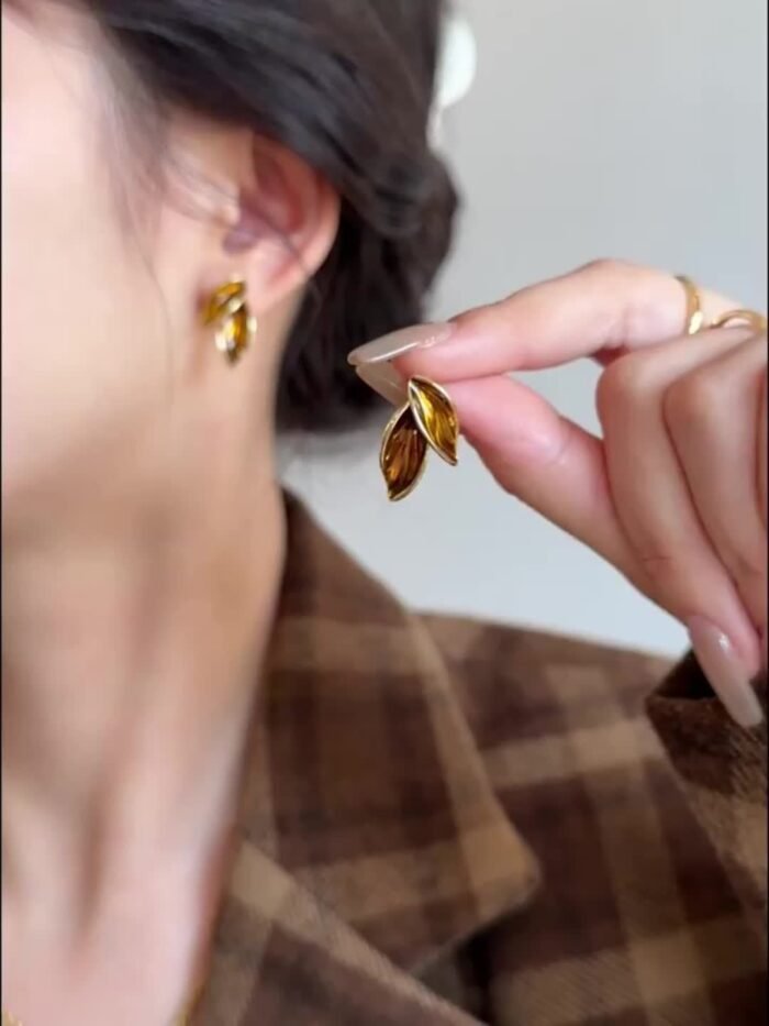 Elegant Korean-Style 1 Pair Leaf-Shaped Fashion Stud Earrings, Retro Deluxe Amber-Toned Women's Ear Jewelry, Trendy Accessory For Daily Wear - Image 7