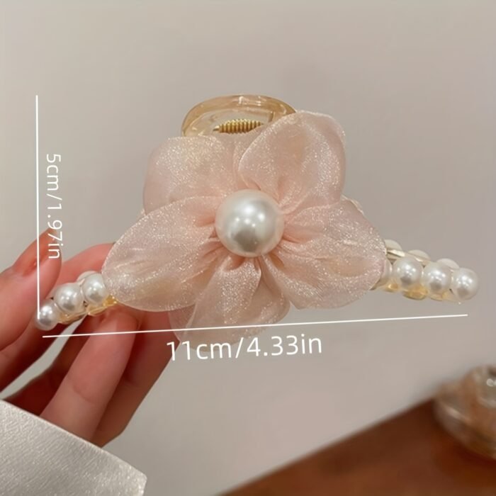 1pc Elegant Bohemian Floral Imitation Pearl Hair Clip for Women - Large Mesh Tulle Hair Claw with Imitation Imitation Pearl & Flower Design, Pink & Champagne Color-Blocked, Secure Hold for Updos, Weddings, Parties, All Hairstyles, Cute Hair Accessories, Wedding Hair Accessory, Versatile Hairpiece, Imitation Pearl Embellishments - Image 6