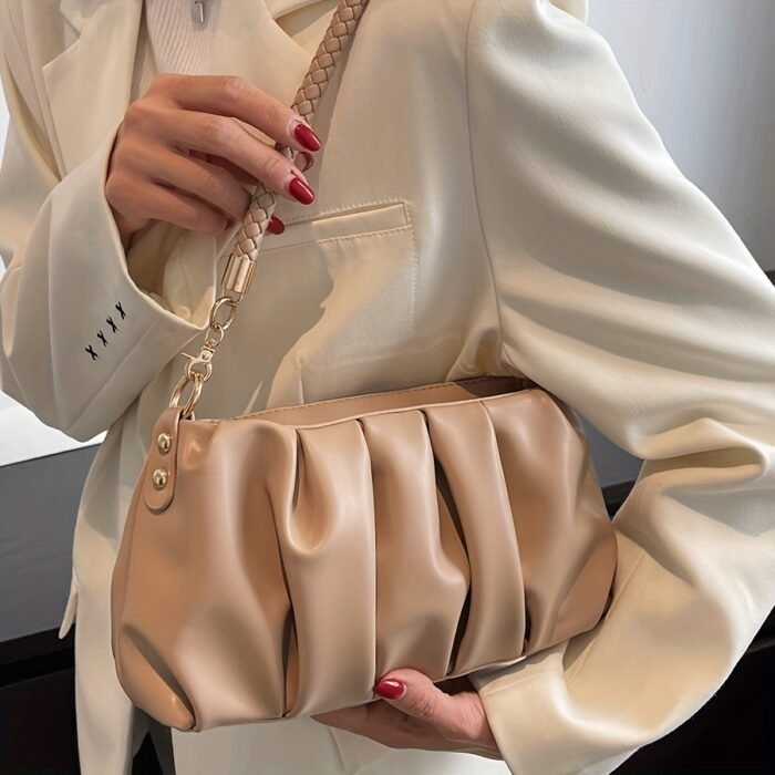 Elegant Beige Shoulder Bag for Women - Chic Pleated Design with Golden-Tone Hardware, Versatile Handbag/Crossbody for Daily Use, Shopping, and Travel, Cute Purse - Image 5