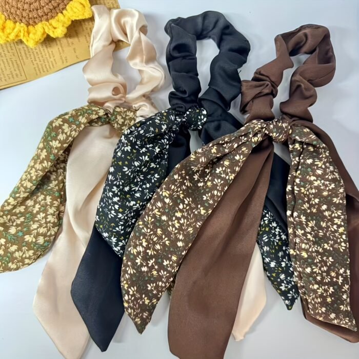 3pcs of Floral Ribbon Hair Bands, Double Layer Floral Hair Bands, Bow Temperament Elegant Senior Sense of Floral Ribbon, Fashion Head Ropes, Small Scarves, Fresh Sweet Ponytail Hair Accessories - Image 8