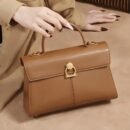 Elegant Women's Top Handle Satchel Bag - Chic Solid Color Design with Adjustable Shoulder Strap, Golden-Tone Clasp & Spacious Interior, Perfect for Daily Use or Gift Giving (Khaki/Dark Brown/Red/Black), Versatile Fashion Accessory | Fashionable Accessory | Synthetic Leather Bag