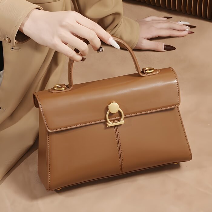 Elegant Women's Top Handle Satchel Bag - Chic Solid Color Design with Adjustable Shoulder Strap, Golden-Tone Clasp & Spacious Interior, Perfect for Daily Use or Gift Giving (Khaki/Dark Brown/Red/Black), Versatile Fashion Accessory | Fashionable Accessory | Synthetic Leather Bag - Image 16