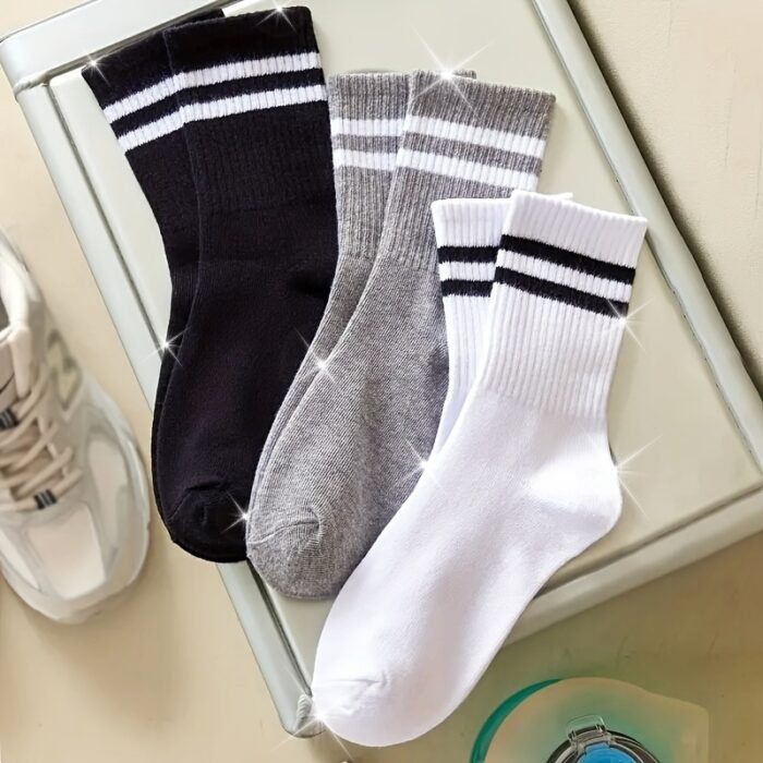 3 Pairs Striped Knee-Length Socks for Women - Breathable Polyester Knit Fabric, Casual Sport Style, Hand Wash/Dry Clean, Black/White/Grey - Image 8