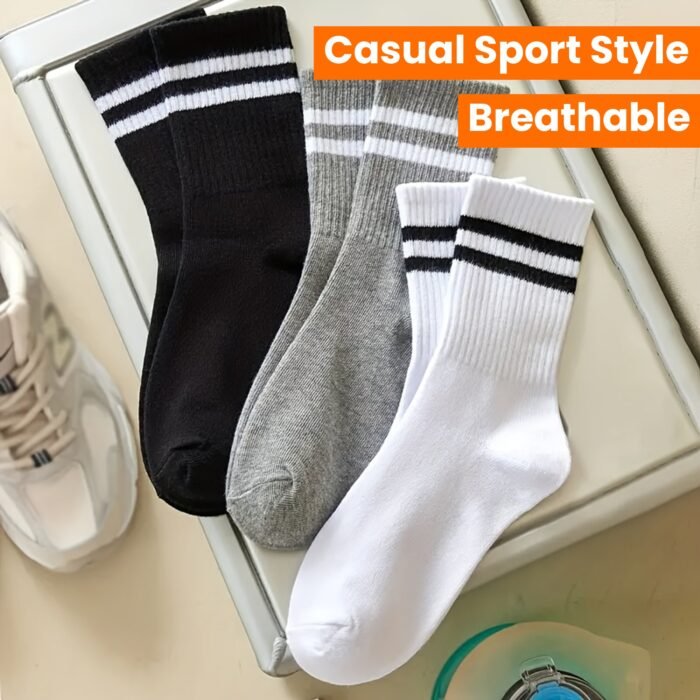 3 Pairs Striped Knee-Length Socks for Women - Breathable Polyester Knit Fabric, Casual Sport Style, Hand Wash/Dry Clean, Black/White/Grey - Image 13
