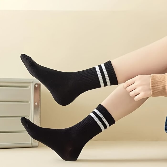 3 Pairs Striped Knee-Length Socks for Women - Breathable Polyester Knit Fabric, Casual Sport Style, Hand Wash/Dry Clean, Black/White/Grey - Image 5