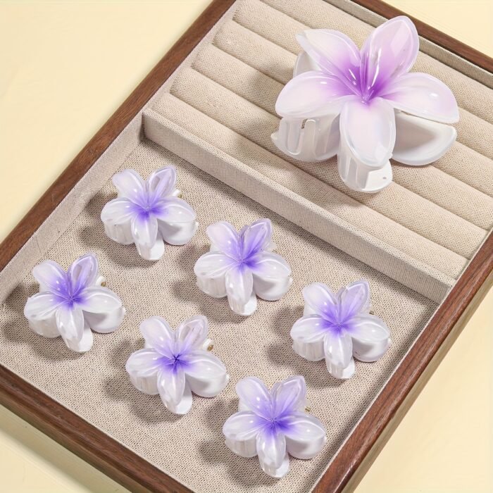 7pcs Minimalist Floral Hair Clip Set, Gradient Jelly Cute Clips, Large Non-Slip Scrunchie and Multifunctional Bangs Side Egg Lace Clips, Essential for Beach Vacation Swimming - Image 2