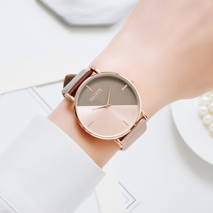 1pc Elegant Two-Tone Women'S Quartz Watch, Simple Style Shockproof Round Case, Synthetic Leather Strap, Analog Display - Non- Alloy Case with Button Battery - Image 2