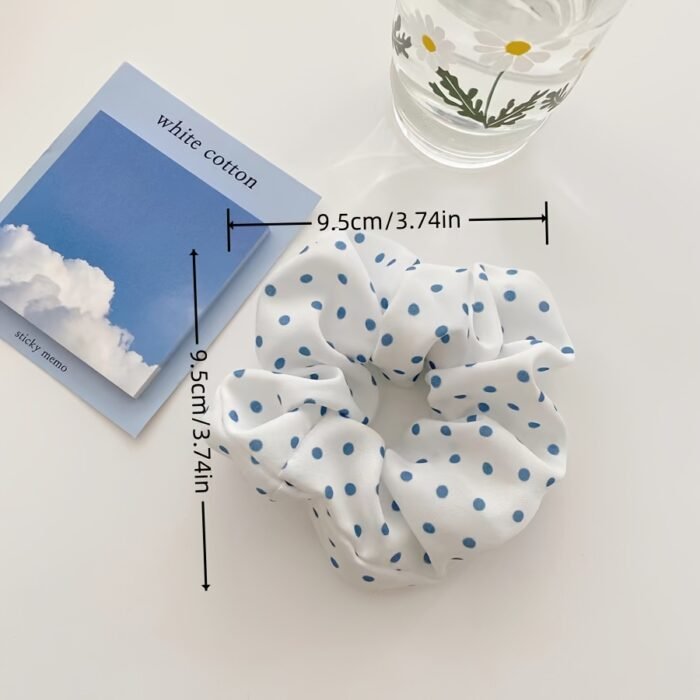 French Forest Summer Ocean Breeze Blue Polka Dot Hair Ties Set, Elegant Cute Fabric Scrunchies with Flower Prints, Sweet Floral & Dot Hair Bands, Academy Style for Ages 14+ - Pack of Multiple Hair Rings - Image 5
