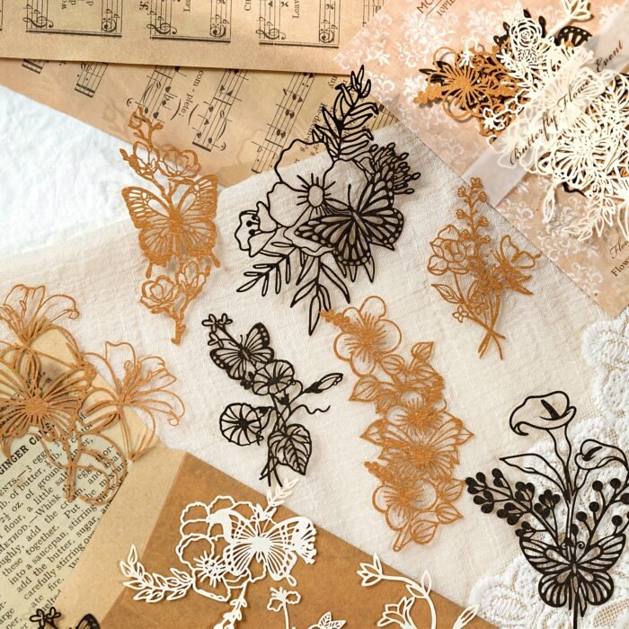 [Retro Floral] Scrapbooking Decorative Collage DIY Craft Material Paper | Pack of 10 sheets | Paper | Hollowed out base | Scrapbook magazine planning, decorative collage, DIY craft | Retro floral branch and leaf - Image 3