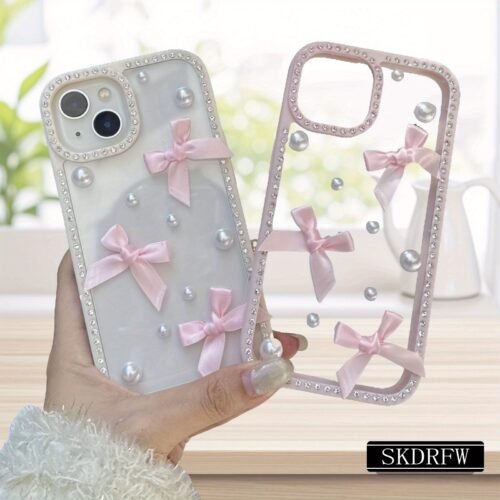 Fashionable Luxury Rhinestone Border 3D Bow Pearl Soft Rubber Frame Transparent Back Phone Case Suitable for Iphone 16, 16 Plus, 16 Pro, 16 Pro Max, 15, 15 Plus, 15 Pro, 15 Pro Max, 14, 14 Plus, 14 Pro, 14 Pro Max, 13, 13 Pro, 13 Pro Max, 12, 12 Pro, 12 Pro Max, 11.