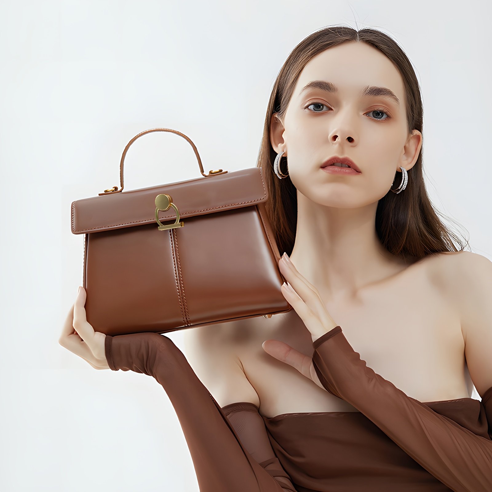 Elegant Women's Top Handle Satchel Bag - Chic Solid Color Design with Adjustable Shoulder Strap, Golden-Tone Clasp & Spacious Interior, Perfect for Daily Use or Gift Giving (Khaki/Dark Brown/Red/Black), Versatile Fashion Accessory | Fashionable Accessory | Synthetic Leather Bag