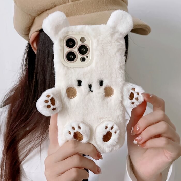 Adorable plush three-dimensional bear mobile phone case suitable for iPhone15ProMax 14 13 12 11 girls' simple niche full-coverage mobile phone protective case