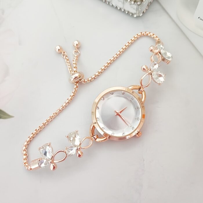 Elegant Women'S Watch with Adjustable Slide Bracelet, Floral and Bow Design, Quartz Movement, Alloy Case and Strap, Perfect for Casual Attir