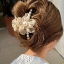1pc Elegant Bohemian Floral Imitation Pearl Hair Clip for Women - Large Mesh Tulle Hair Claw with Imitation Imitation Pearl & Flower Design, Pink & Champagne Color-Blocked, Secure Hold for Updos, Weddings, Parties, All Hairstyles, Cute Hair Accessories, Wedding Hair Accessory, Versatile Hairpiece, Imitation Pearl Embellishments