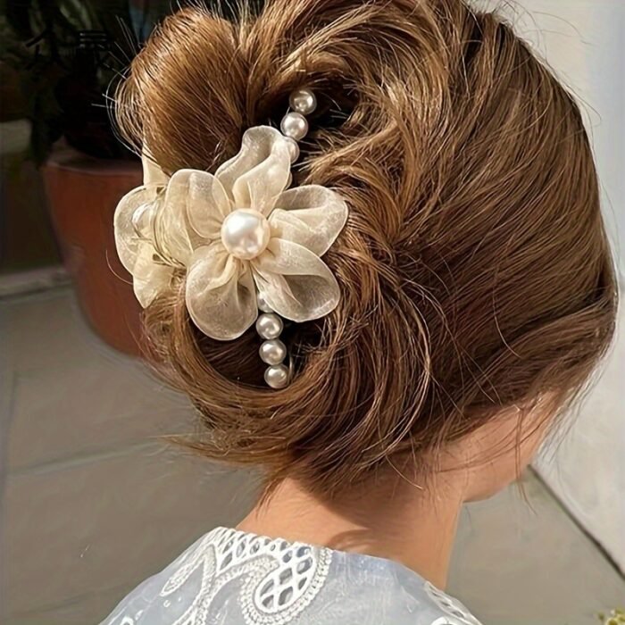 1pc Elegant Bohemian Floral Imitation Pearl Hair Clip for Women - Large Mesh Tulle Hair Claw with Imitation Imitation Pearl & Flower Design, Pink & Champagne Color-Blocked, Secure Hold for Updos, Weddings, Parties, All Hairstyles, Cute Hair Accessories, Wedding Hair Accessory, Versatile Hairpiece, Imitation Pearl Embellishments - Image 7