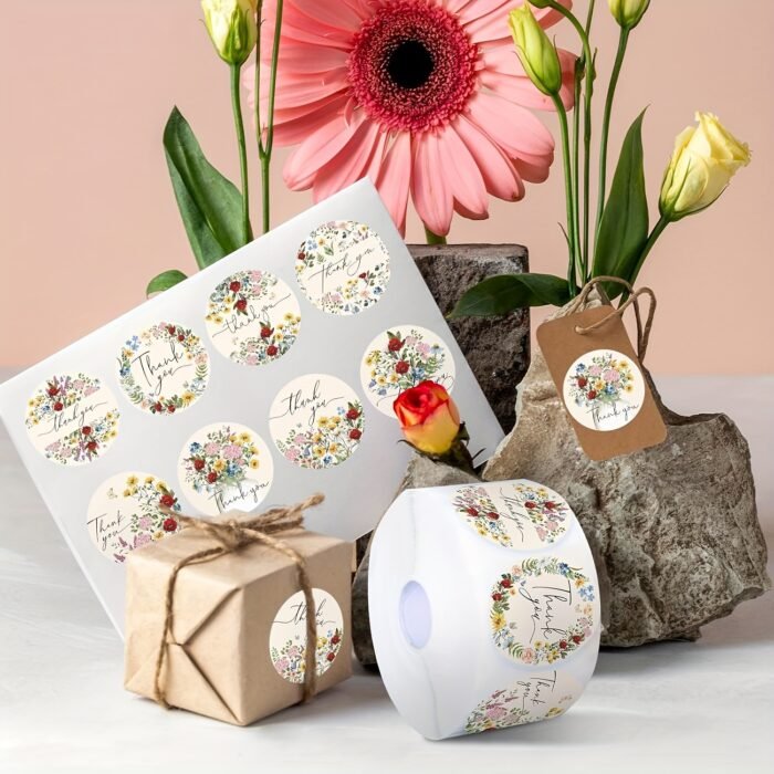 500 Stickers/Roll Small Floral Thank You Sticker Roll Round Sealed Sticker Gift Envelope Greeting Card Party DIY Decoration Supplies 8 Designs Colorful Flowers Self-adhesive Spring Flower Label Sticker PVC Non-dry Adhesive Wall Decal - Image 2