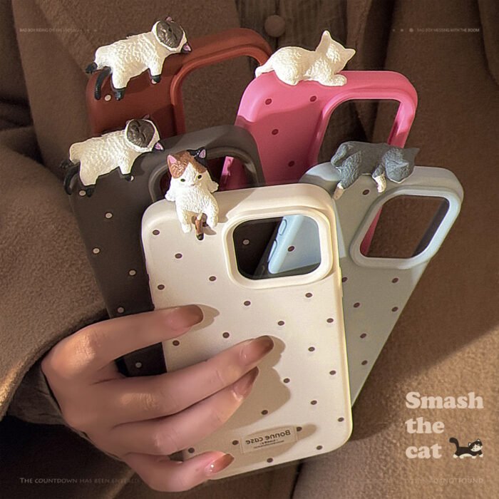 Simple Wave Dot Cute Three-dimensional Purr Cat Mobile Phone Case Suitable for Apple 16/15/14/13/12 Series