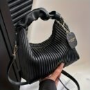 Striped Handbag for Women - Stylish Urban Shoulder Bag with Zipper Closure, Polyester Lined, Black, Perfect for Casual or Office Us