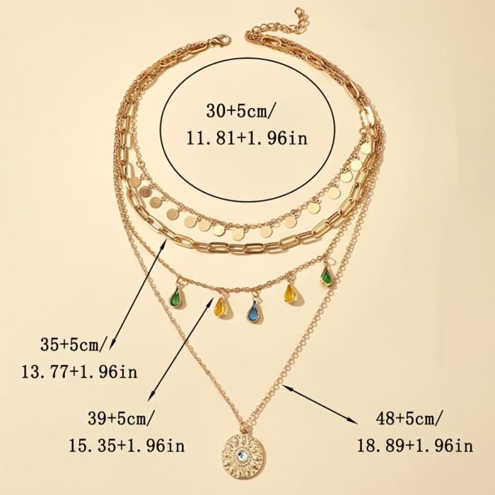 Vintage Geometric Layered Necklace for Women - Golden-Tone Multi-Strand Chain with Teardrop & Round Pendants, Elegant Party Jewelry Gift for Birthdays, Anniversaries, Special Occasion Jewelry, Sophisticated Accessory - Image 5