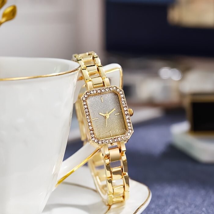 Elegant Rhinestone Ladies Square Watch - Minimalist Luxury Quartz Wristwatch with Golden-Tone Alloy Band, Sparkling Accents & Shock-Resistant Design for Everyday Casual or Formal Wear, Stylish Wristwatch | Modern Accessory | Shockresistant Timepiece