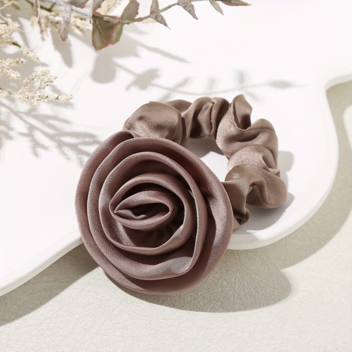 1pc Elegant Rose Flower Scrunchie, Korean Style Fabric Hair Tie, Simple Solid Color, Floral Hair Accessory for Women, Single Pack - Image 5
