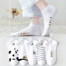 5 Pairs Mixed Color Animal Print Short Socks, 97% Polyester 3% Spandex, Breathable Sweat-Absorbent Knit Fabric, Comfortable Ankle Socks for Women