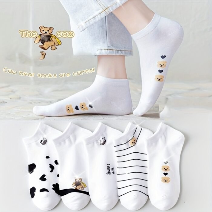 5 Pairs Mixed Color Animal Print Short Socks, 97% Polyester 3% Spandex, Breathable Sweat-Absorbent Knit Fabric, Comfortable Ankle Socks for Women - Image 15