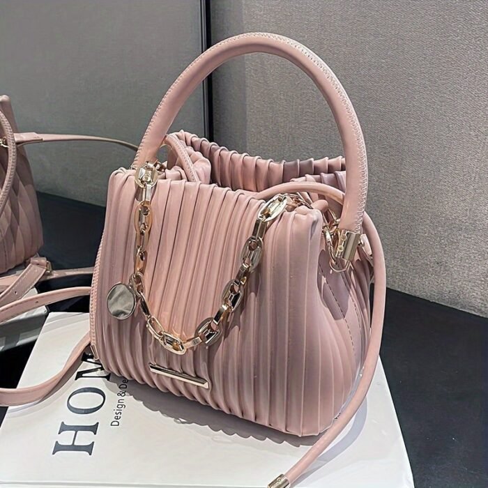 2024 Summer Women's White PU Pleated Bucket Crossbody Bag with Adjustable Golden-Tone Chain Strap & Drawstring Closure - Lightweight Portable Shoulder Bag for Casual & Formal Occasions, Small Crossbody Bag - Image 11