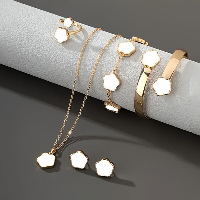 5pcs Classic Lucky Flower Women's Necklace + Earrings + Ring + Bracelet Set Simple Elegant Design Birthday Wedding New Year Valentine's Day Celebration Fashion Jewelry Set - Image 5