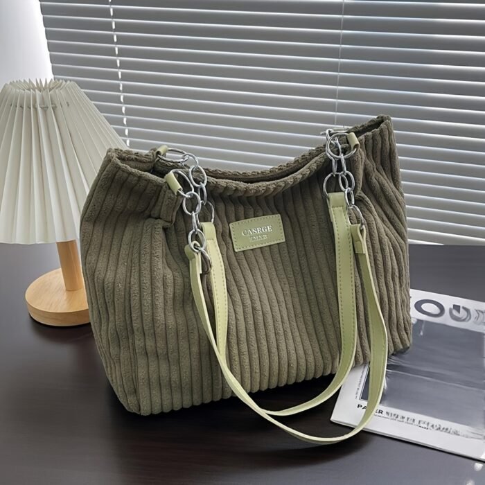 DISSEFA-TECH Corduroy Shoulder Bag for Women, Elegant Striped Tote with Removable PU Strap, Zipper Closure, Polyester Lined, Versatile for Daily Use and School - Ideal Valentine'S Gift - Image 13