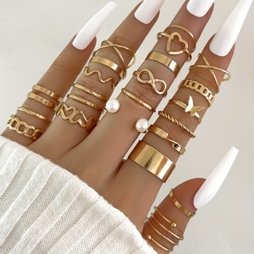 22pcs Fashion Stacking Rings Trendy Heart/ Infinity/ Butterfly/ Chain Design Mix And Match For Daily Outfits Party Accessories For Sweet Cool Girls