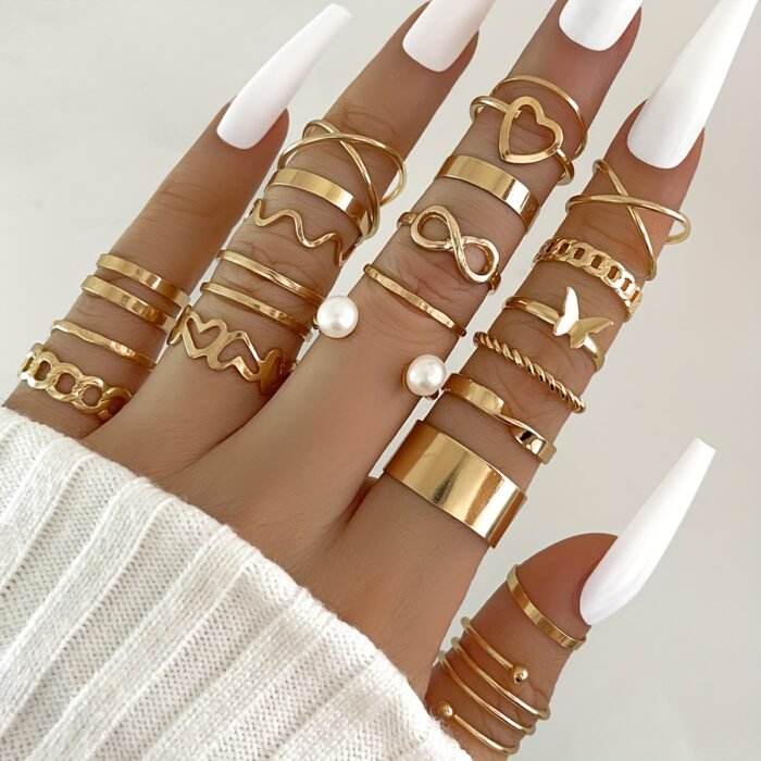 22pcs Fashion Stacking Rings Trendy Heart/ Infinity/ Butterfly/ Chain Design Mix And Match For Daily Outfits Party Accessories For Sweet Cool Girls