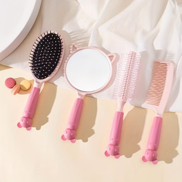 4-Piece Cute Bear Hair Comb Set with Air Cushion Brush, Finishing Comb, Round Curling Brush & Makeup Mirror - Ideal for Normal Hair Travel Essentials - Image 3