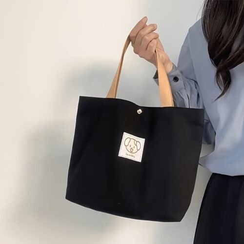 1pc Cute Cartoon Bear Tote Bag for Women - Black Minimalist Handbag with Durable Handles & Snap Closure, Compact Work Commute Bag, Casual Everyday Shoulder Bag, Sturdy Construction