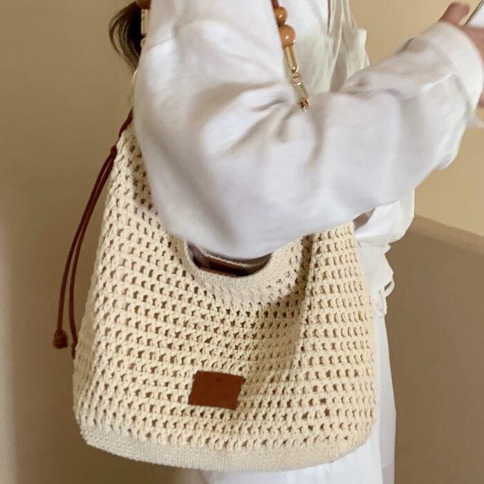 Women's Crochet Woven Tote Bag - Casual Chic Convertible Shoulder & Crossbody Bag with Magnetic Closure, Beige Fabric & Brown Accents, Durable Polyester Lining for Beach, Commute, Everyday Use - Image 6