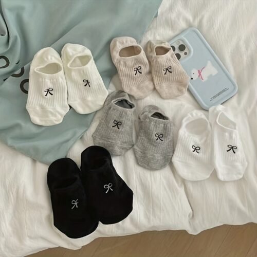 5 Pairs of Japanese Retro Patterned Boat Socks with Cartoon Bows, Short Socks for Female Students, Suitable for Sports And Casual Wear, Low-Cut And Breathable Thin Socks.