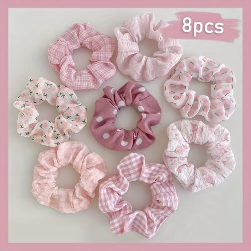 8pcs Elegant Pink & White Check & Floral Hair Ties - Soft Fabric, Non-Slip, Perfect for Buns & Pigtails, Ideal Gift Set for Women, Everyday Hair Accessories | Check Pattern Ties | Elastic Headbands, Hair Accessories Set