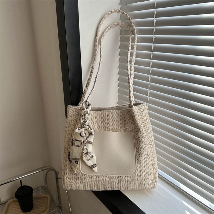 Women's Vintage Woven Tote Bag - Summer 2025 New Design, Large Capacity Crossbody Shoulder Bag with Decorative Tassel Handles & Zipper Closure, Light Brown/White/Green, Durable Fabric for Casual & Holiday Use, Casual Shoulder Bag | Braided Strap Bag | Zipper Closure Tote - Image 2