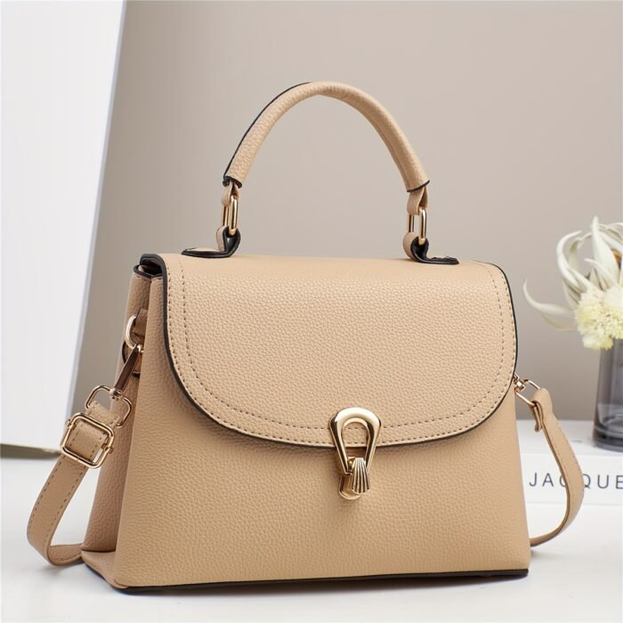 Minimalist Apricot Or Earthy Yellow Handbag with Adjustable Strap, Zipper Closure, Polyester Lining, No Pattern, No Printing, Edge Painted - Image 6