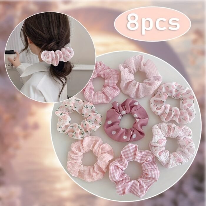 8pcs Elegant Pink & White Check & Floral Hair Ties - Soft Fabric, Non-Slip, Perfect for Buns & Pigtails, Ideal Gift Set for Women, Everyday Hair Accessories | Check Pattern Ties | Elastic Headbands, Hair Accessories Set - Image 4