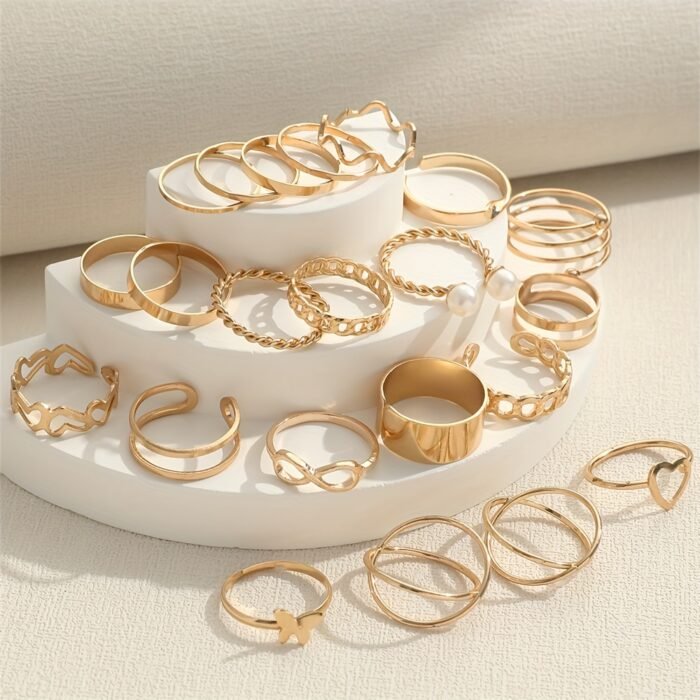 22pcs Fashion Stacking Rings Trendy Heart/ Infinity/ Butterfly/ Chain Design Mix And Match For Daily Outfits Party Accessories For Sweet Cool Girls - Image 8
