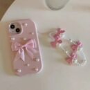 Pink Pearl Bow Phone Case with Soft Shell And Matching Bow Bracelet for Apple Iphone 11 11Promax 12 12Promax 13 13Pro 13Promax 14 14Pro 14Plus 14Promax 15 15Pro 15Plus 15Promax 16 16Pro 16Plus 16Promax